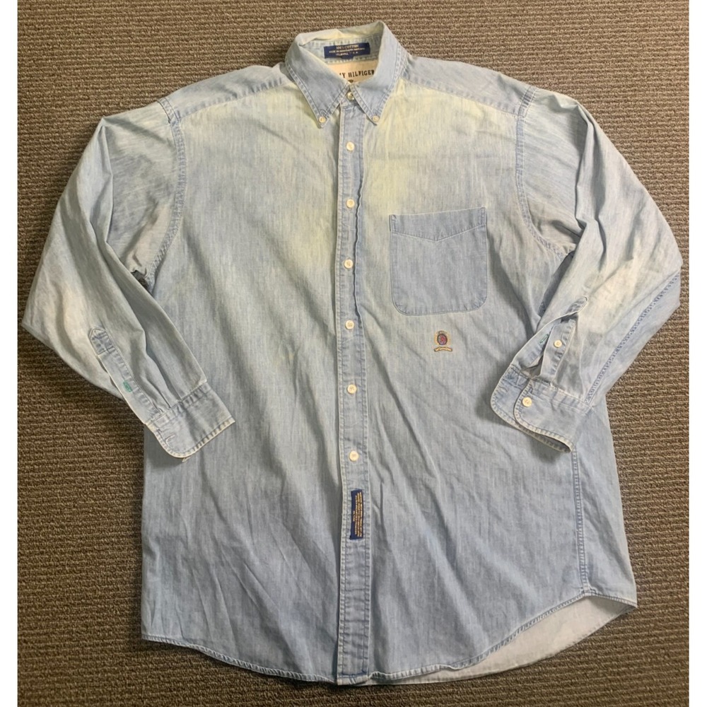 Vintage Tommy Hilfiger Shirt Mens 15.5x32 Blue Chambray Pocket Long Sleeve Logo